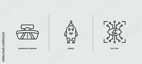 set of artificial intellegence thin line icons. artificial intellegence outline icons included rearview mirror, robot, eye tap vector.