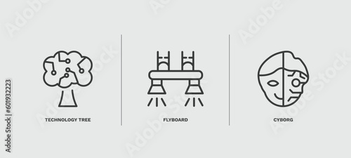 set of ai and future technology thin line icons. ai and future technology outline icons included technology tree, flyboard, cyborg vector.