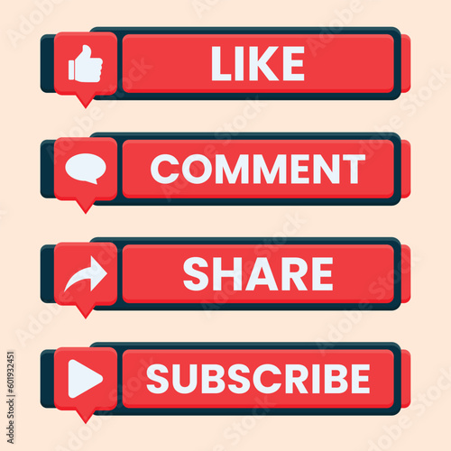 red like comment share and subscribe icon button vector set