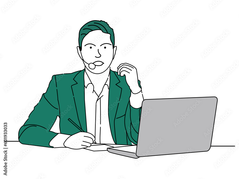 Line art illustration of young businessman working on laptop. Line art illustration of young businessman working on laptop.