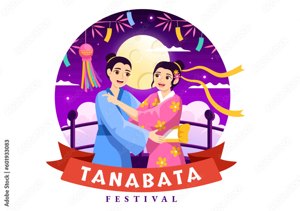 Tanabata Festival Vector Illustration with People Wearing Kimono and Peonies Flowers in National Holiday Flat Cartoon Hand Drawn Templates Tanabata Festival Vector Illustration with People Wearing Kimono and Peonies Flowers in National Holiday Flat Cartoon Hand Drawn Templates