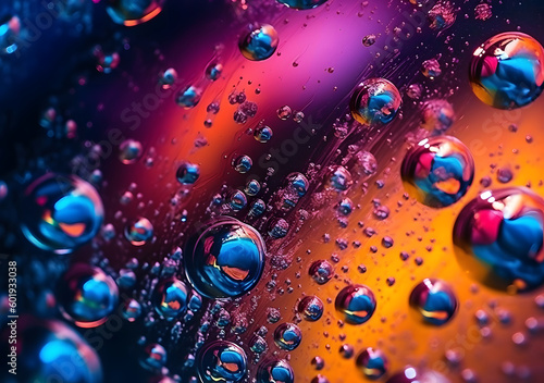 Water drops on colorful glass surface, Close-up of the movement of oil droplets on the water surface