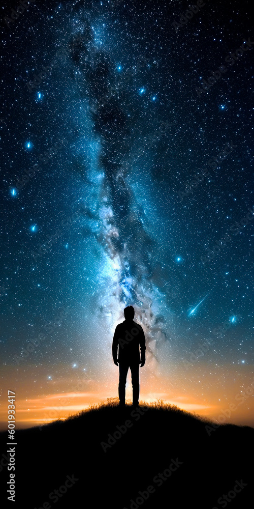 The silhouette of a standing man against the background of the Milky Way and the night sky. pt of the greatness of the cosmos.