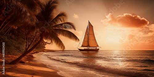 Sailboat on the background of sunset and palm trees near the shore.