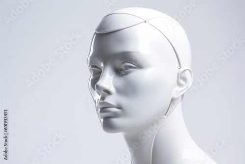Abstract and futuristic woman white mannequin portrait in black background. Generative AI