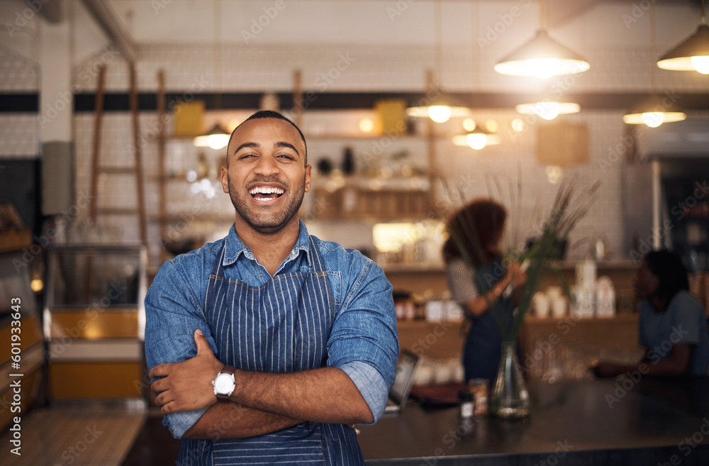 Obraz premium Coffee shop, waiter and portrait of black man laugh in restaurant for cafe service, working and crossed arms. Small business owner, bistro startup and happy male barista in cafeteria ready to serve