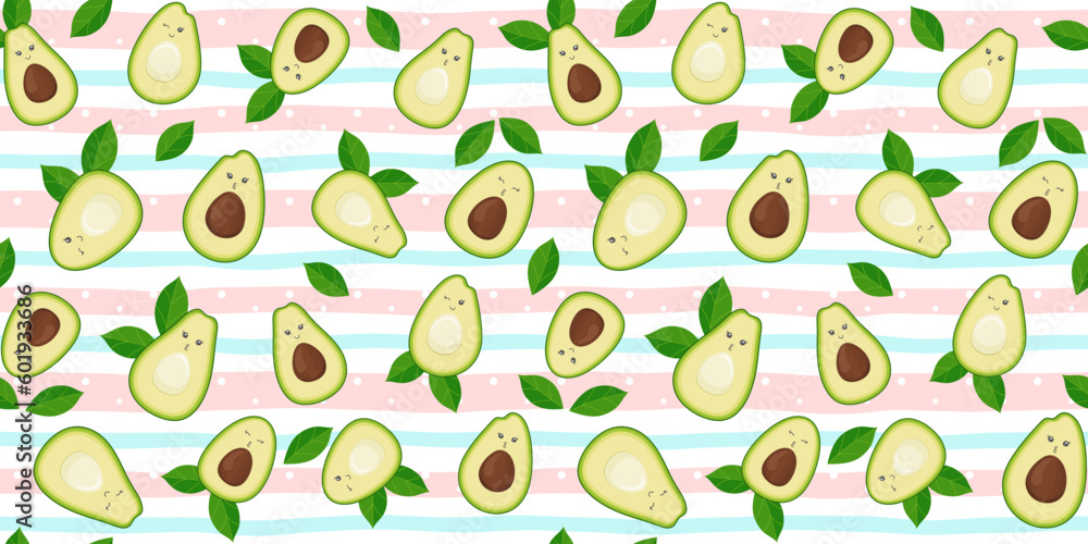 Cute avocado with leaves and funny faces on a soft striped background with dots. Endless texture with kawaii fruit characters. Half an avocado with and without pit. Vector seamless pattern for print Cute avocado with leaves and funny faces on a soft striped background with dots. Endless texture with kawaii fruit characters. Half an avocado with and without pit. Vector seamless pattern for print