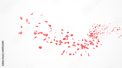 Foto Red rose petals fly in the air on a white background