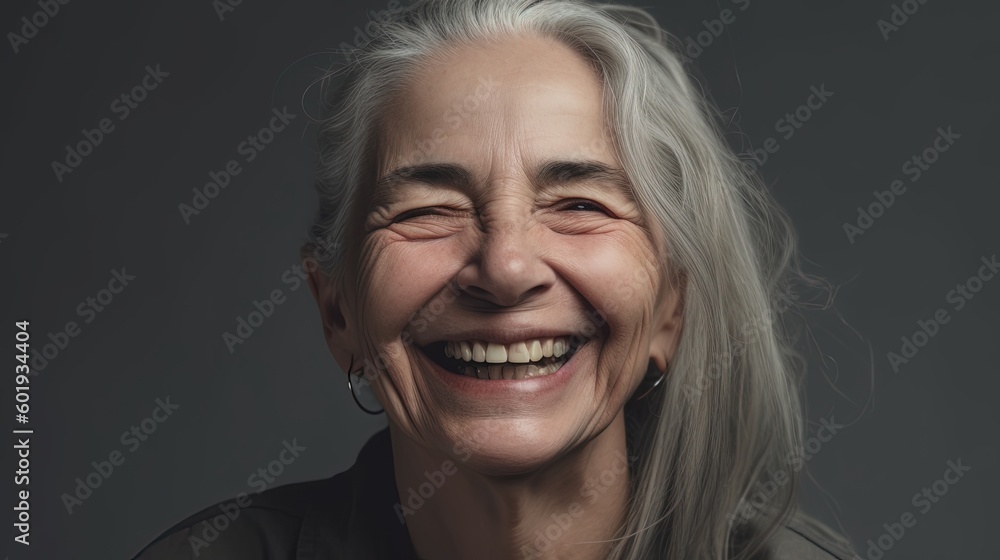 Portrait of a beautiful senior woman smiling at the camera on a gray background.Generative Ai Portrait of a beautiful senior woman smiling at the camera on a gray background.Generative Ai