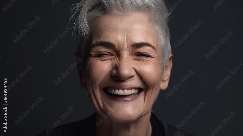 Portrait of a beautiful senior woman smiling at the camera on a gray background.Generative Ai Portrait of a beautiful senior woman smiling at the camera on a gray background.Generative Ai