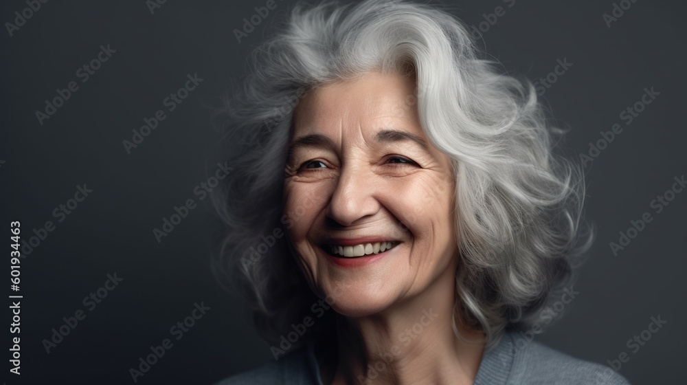 Portrait of a beautiful senior woman smiling at the camera on a gray background.Generative Ai Portrait of a beautiful senior woman smiling at the camera on a gray background.Generative Ai