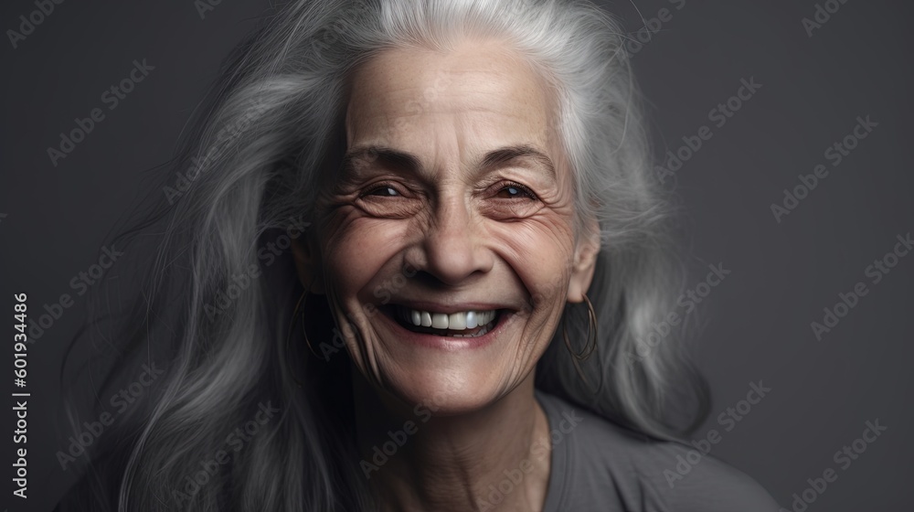 Portrait of a beautiful senior woman smiling at the camera on a gray background.Generative Ai Portrait of a beautiful senior woman smiling at the camera on a gray background.Generative Ai