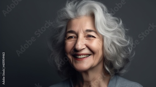 Portrait of a beautiful senior woman smiling at the camera on a gray background.Generative Ai
