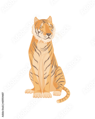 Tiger. A big striped tiger is sitting on the floor. A big predatory cat. A predatory animal. Vector illustration isolated on a white background