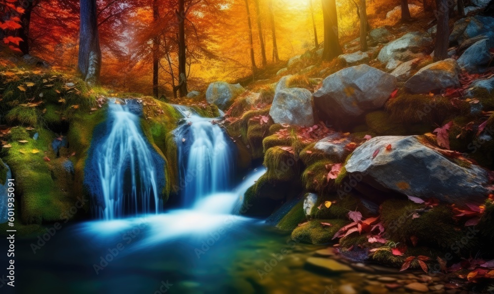 Majestic waterfall with vibrant streams and rainbow mist. Creating using generative AI tools