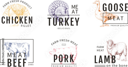 Cow meat logo. Pig animal, farm pork or chicken colorful sketch style, sheep beef or poultry for butchery emblem, cattle label. Logotype and packaging design elements. Vector food signs set