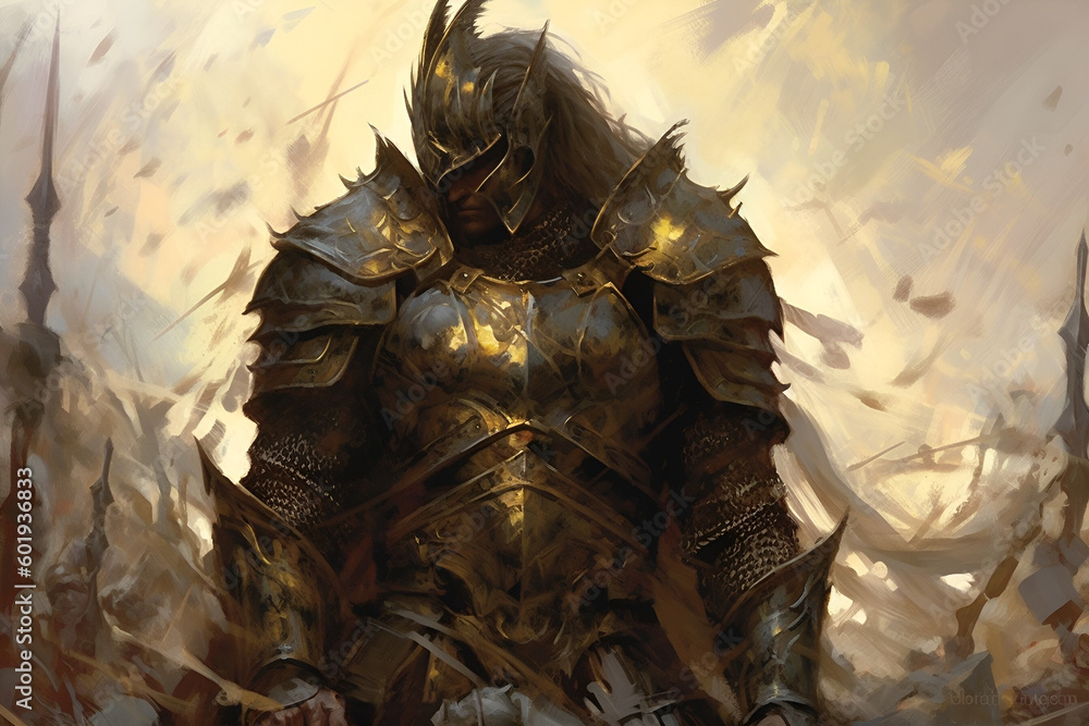 Painting of a Paladin Wearing Golden Armor Generative AI