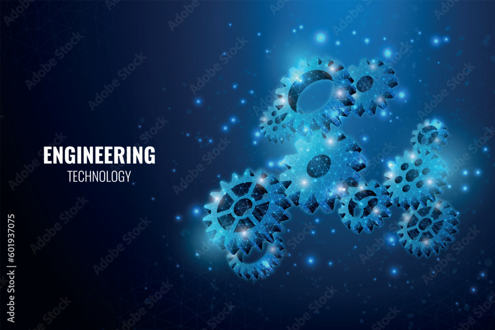 3D gear construction. Engineering technology. Blue neon cogwheel mechanisms. Abstract machine wheels for development. Technical wireframe machinery. Vector realistic background design