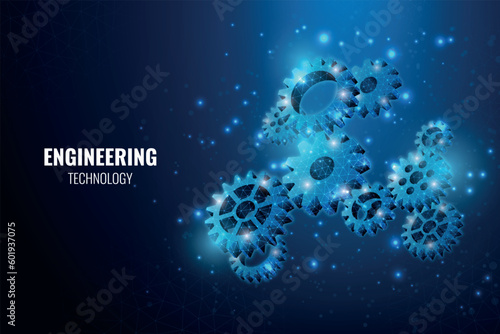 3D gear construction. Engineering technology. Blue neon cogwheel mechanisms. Abstract machine wheels for development. Technical wireframe machinery. Vector realistic background design