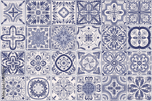 Ceramic tile floor, portugal pattern. Blue geometric flowers and leaves, geometrical elements, spain azulejo mosaic, indigo floral paint ornament. Decor textile. Vector seamless patchwork