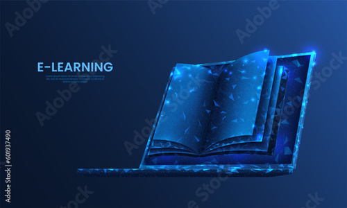 Online library. Digital book learning technology. Polygon laptop. Computer for studying. University training. Literature reading. Blue sparkles. Web education. Vector abstract background