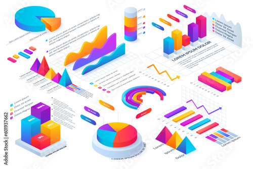 Isometric graph, chart and modern business diagrams. 3d data bar, graphic lines and numbers, design timeline. Finance presentation, visualization elements. Vector background, graphic icons set