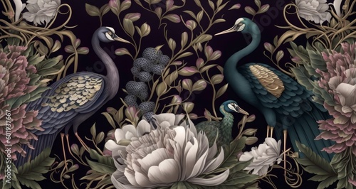 Royal birds, crane, peacock, heron. Luxury wallpaper, mural. Tropical seamless pattern, vintage background, 3d art, texture. Aesthetic garden flowers, peony, tulip, iris, narcissus, Generative AI