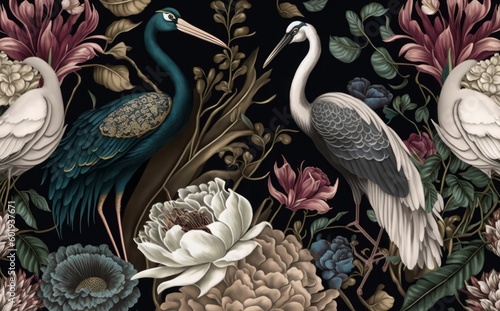 Royal birds, crane, peacock, heron. Luxury wallpaper, mural. Tropical seamless pattern, vintage background, 3d art, texture. Aesthetic garden flowers, peony, tulip, iris, narcissus, Generative AI
