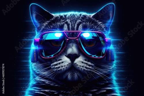 The cat's fur is dark and fluffy, with a shiny sheen. The sunglasses add a pop of color to the otherwise monochromatic image Generative AI © INFINITO