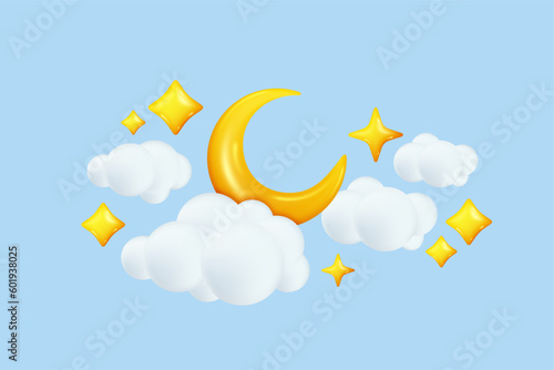 3d moon. Sleep baby clouds, dream gold icons, lullaby for insomnia, night or light day sky and stars, crescent and fluffy clouds, stars. Celestial composition. Vector cartoon render elements