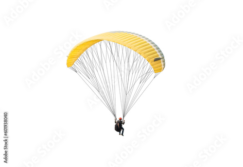 Bright colorful parachute on white background, isolated. Concept of extreme sport, taking adventure challenge.