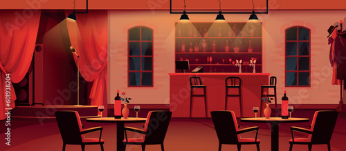 Cartoon bar interior. Restaurant or night club with jazz music. Pub counter. Cafe chairs and desks. Singers stage. Empty cozy room. Cafeteria furniture. Vector illustration background