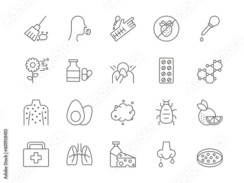 Allergic icons. Medical outline symbols. Animal fur and dust allergy. Insects bites. Sickness rash skin. Rhinitis symptom. Sneeze or itching from flowers pollen. Vector line pictograms set