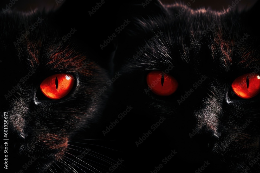 A close-up of two cats' faces with glowing red eyes in the dark Generative AI