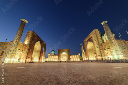 Evening view of the Registan Square in Samarkand, Uzbekistan