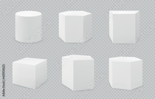 White podium, 3d geometric shapes, pedestal or stand collection. Cube product platform or column, square or cylinder pillar, museum exhibition stage, showroom base. Vector realistic blocks set