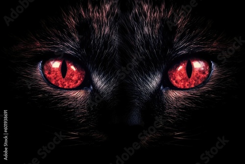 Obraz na plátně A close-up of a cat’s face with glowing red eyes in the darkness Generative AI