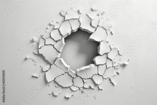 A large, jagged hole in a concrete wall, with chunks of concrete missing and exposed rebar. The edges of the hole are rough and uneven, with some parts of the wall still intact Generative AI