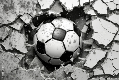 A soccer ball breaking through a barrier  representing the power of sport to knock down obstacles. Generative AI