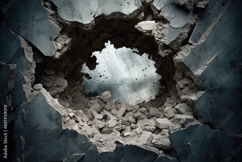 A large, jagged hole in a concrete wall, with chunks of concrete missing and exposed rebar. The edges of the hole are rough and uneven, with some parts of the wall still intact Generative AI - obrazy, fototapety, plakaty 