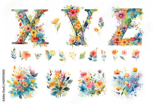 Set of watercolor cute summer letters with colorful wildflowers on a white background. Сapital letters of the English alphabet: x, y, z. Set with individual flowers and bouquets. AI generated photo