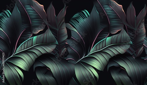 Tropical exotic seamless pattern with neon light color banana leaves, palm on night dark background. Premium hand-drawn textured vintage 3D illustration. Good for luxury wallpapers, Generative AI
