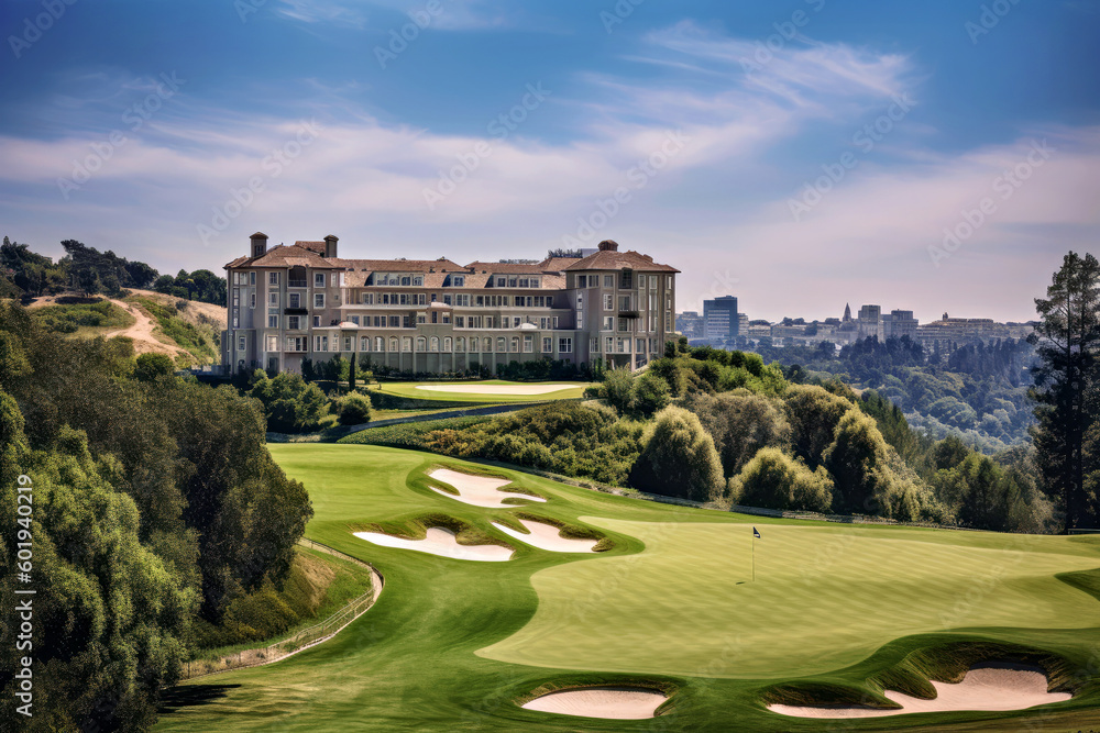 Obraz premium Golf club building and clear blue sky, Generative AI