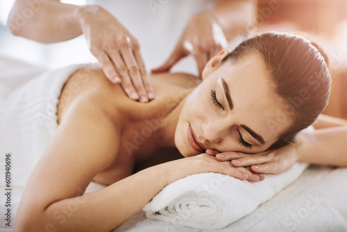 Relax, calm and massage with woman in spa for wellness, luxury and cosmetics treatment. Skincare, peace and zen with female customer and hands of therapist for physical therapy, salon and detox