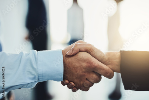 Business people, handshake and partnership for b2b, meeting or greeting in hiring or recruitment at office. Businessman shaking hands with employee for welcome, introduction or promotion in teamwork