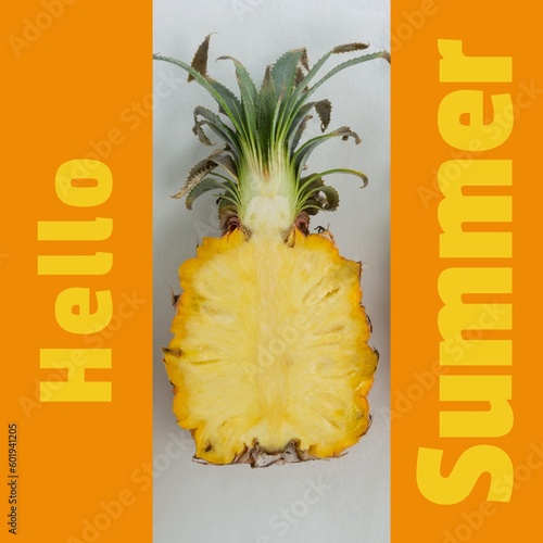 Composite of hello summer text and pineapple slice over yellow and white background