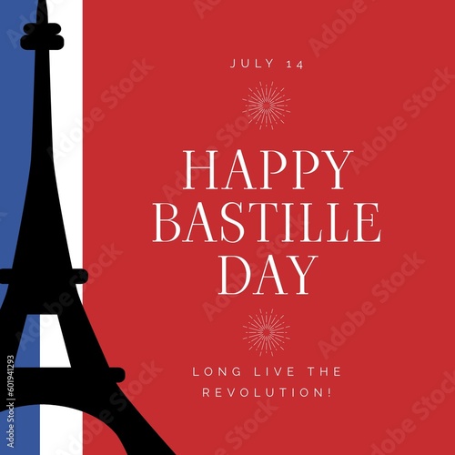 Composition of happy bastille day text over flag of france and eiffel tower