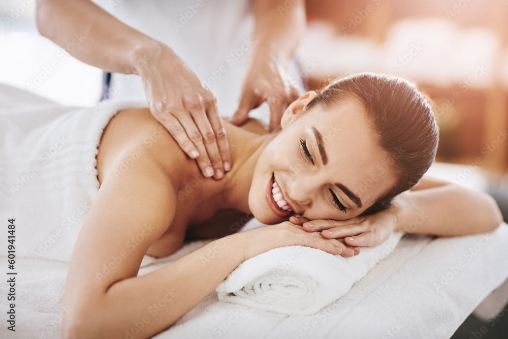 Relax, smile and massage with woman in spa for wellness, luxury and cosmetics treatment. Skincare, peace and zen with female customer and hands of therapist for physical therapy, salon and detox Relax, smile and massage with woman in spa for wellness, luxury and cosmetics treatment. Skincare, peace and zen with female customer and hands of therapist for physical therapy, salon and detox