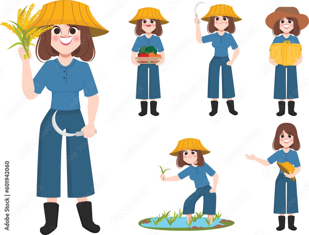 Set of woman farmer character working in the farm. Vector people character.