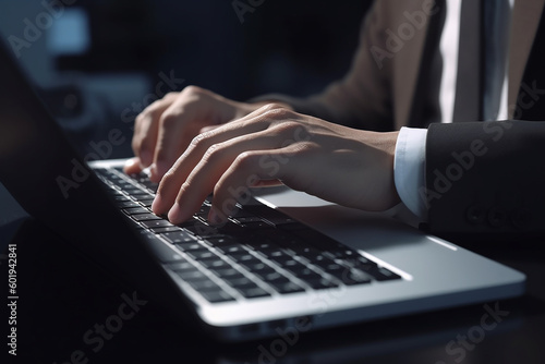 Business man hand typing ob laptop computer keyboard on office desk with generative AI technology